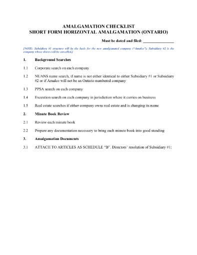 Ontario Checklist for short form horizontal amalgamation
