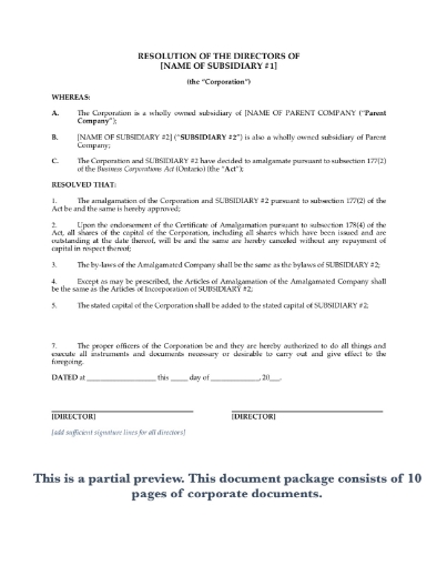 Ontario corporate documents for short form horizontal amalgamation