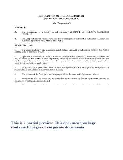 Ontario corporate documents for short form vertical amalgamation