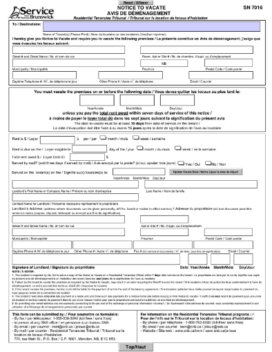 New Brunswick Notice to Vacate