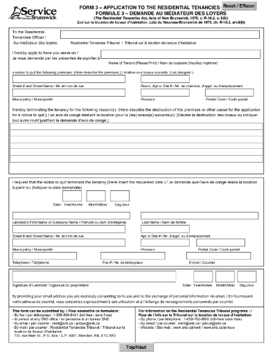 Picture of New Brunswick Application for Notice to Quit