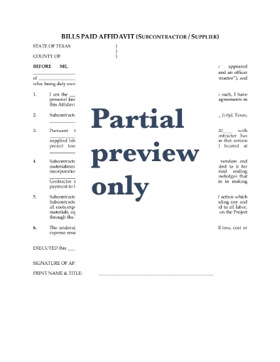 Texas Bills Paid Affidavit by Subcontractor or Supplier