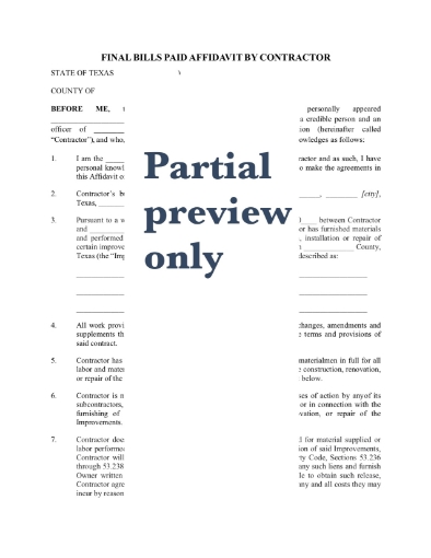 Texas Final Bills Paid Affidavit by Contractor