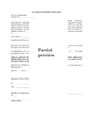 Mississippi Claim of Construction Lien