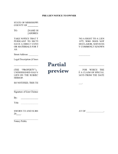 Mississippi Pre-Lien Notice to Owner