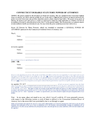 Connecticut Durable Statutory Long Form Power of Attorney