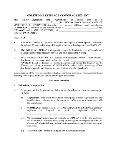 Picture of Online Marketplace Vendor Agreement | UK