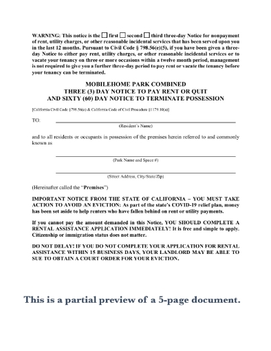 California 30-Day and 60-Day Mobilehome Tenant Notice