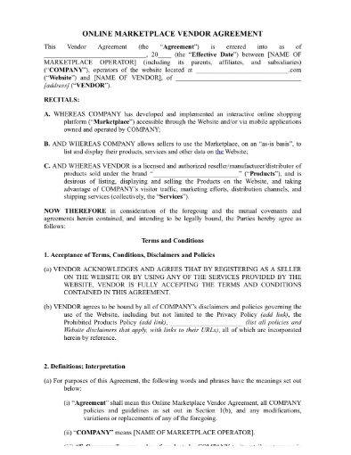 Canada Online Marketplace Vendor Agreement