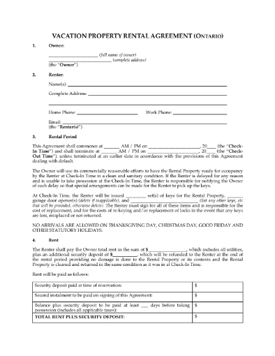 Picture of Ontario Vacation Property Short-Term Rental Agreement
