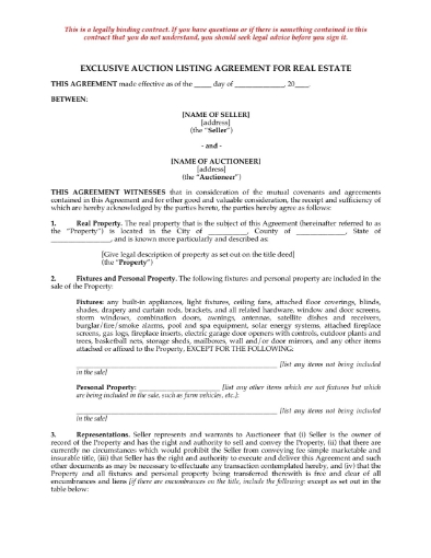 USA Exclusive Auction Listing Agreement for Real Estate