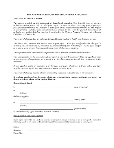 Picture of Arkansas Statutory Form Power of Attorney
