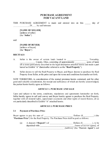 Picture of Ohio Purchase Agreement for Vacant Land