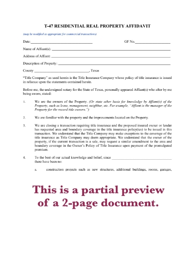 Picture of Texas T47 Residential Real Property Affidavit