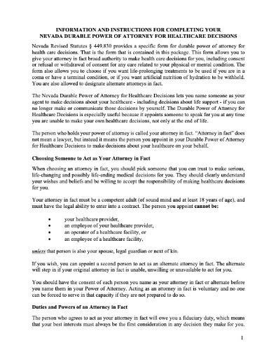 Nevada Durable Power of Attorney for Healthcare Decisions