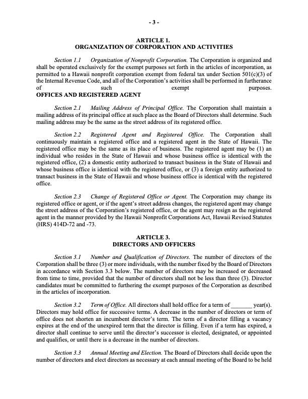 Hawaii Standard Bylaws of Nonprofit Corporation | MegaDox.com