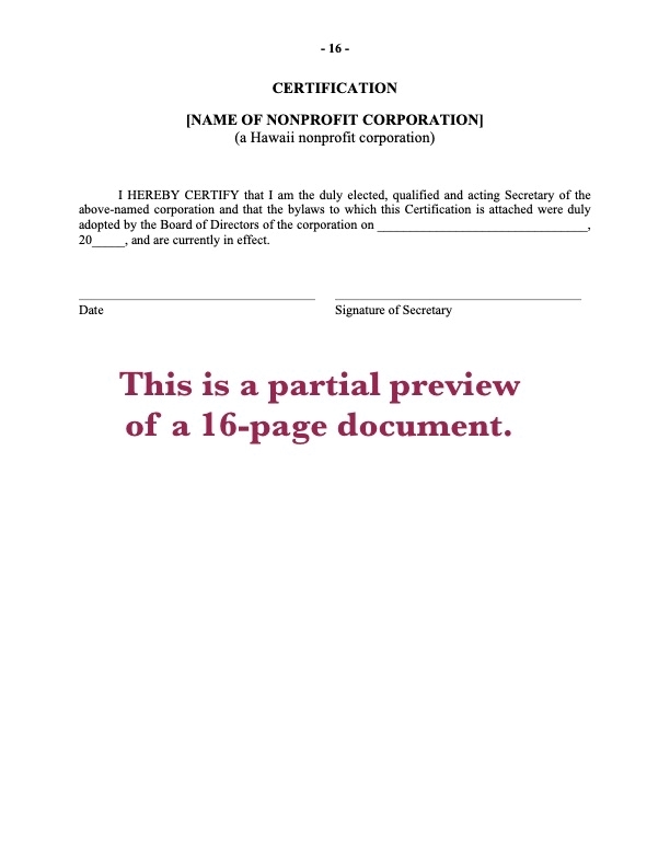 Hawaii Standard Bylaws of Nonprofit Corporation | MegaDox.com