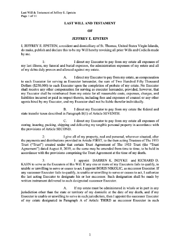 Picture of Jeffrey Epstein Last Will and Testament