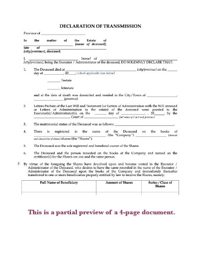 Declaration of transmission of shares on death for Canadian companies