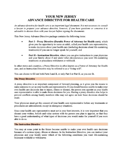 Picture of New Jersey Advance Directive for Health Care Forms