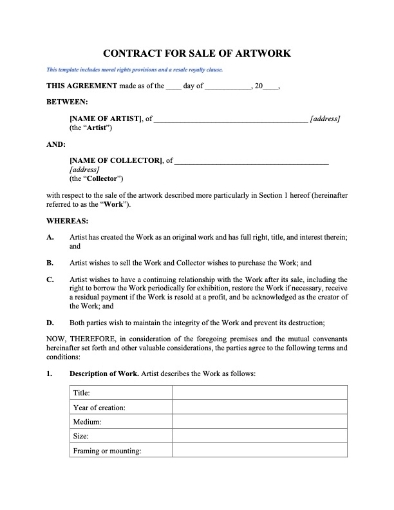 Picture of Contract for Sale of Artwork with Retention of Moral Rights