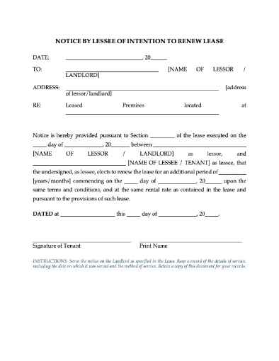 Picture of Notice by Lessee of Intention to Renew Lease