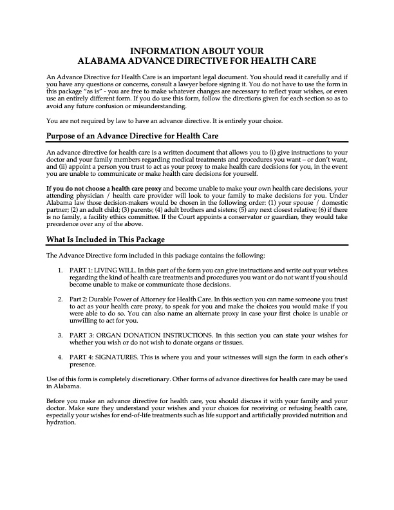 Advance health care directive for Alabama residents including power of attorney for health care and living will