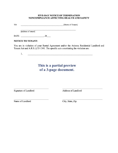 Arizona Landlord 5 day Notice of Termination - Health and Safety Noncompliance