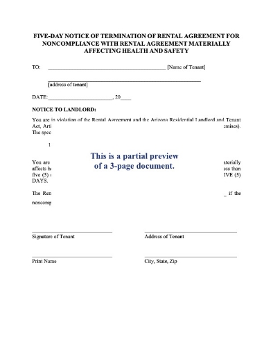 Arizona Tenant 5 day Notice of Termination - Health and Safety Noncompliance