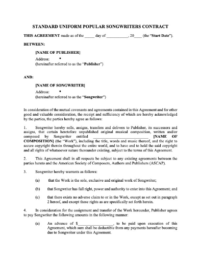 Picture of Standard Uniform Popular Songwriters Contract | USA