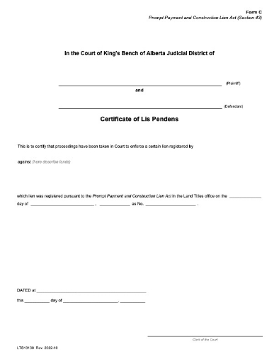 Alberta Certificate of Lis Pendens for Builder's Lien
