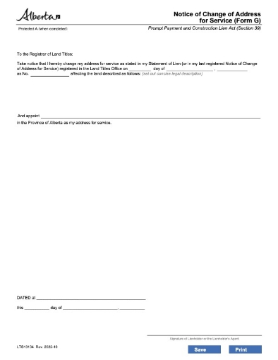 Alberta Notice of Change of Address for Service