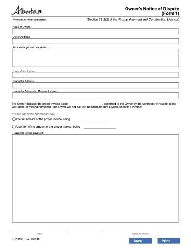 Alberta Owner's Notice of Dispute form 1