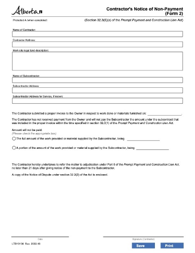 Alberta Contractor's Notice of Non-Payment