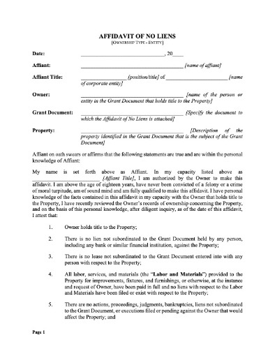 Picture of Texas Affidavit of No Liens - Entity