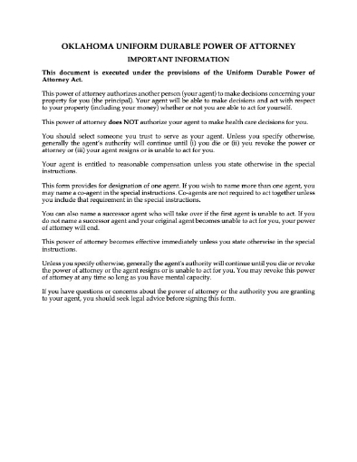 Picture of Oklahoma Uniform Durable Power of Attorney