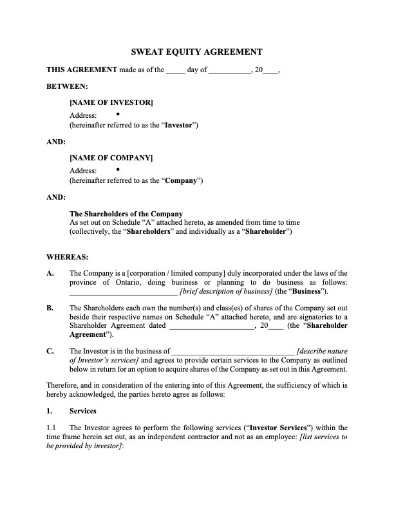 Ontario Sweat Equity Agreement