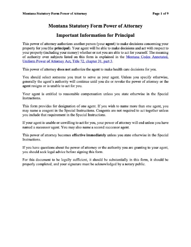 Picture of Montana Statutory Form Power of Attorney