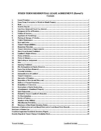 Picture of Hawaii Fixed Term Residential Lease Agreement