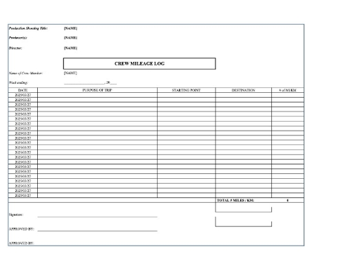 Daily Mileage Sheet for film or TV production