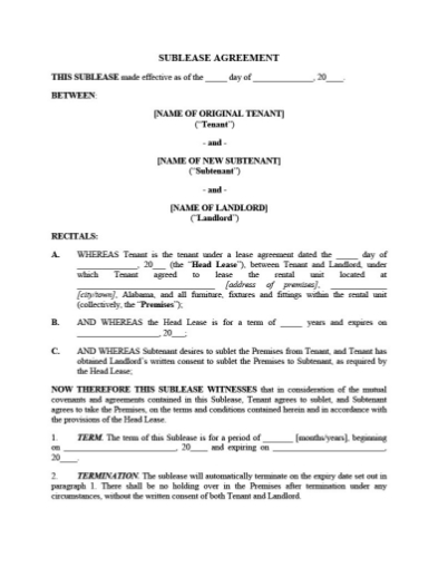 Picture of Alabama Residential Sublease Agreement