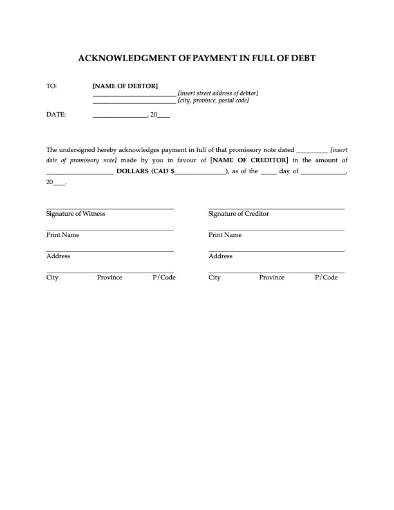Receipt of payment in full under a promissory note in Canada