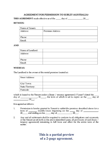 Permission Agreement for tenant to sublet residential premises in Australia