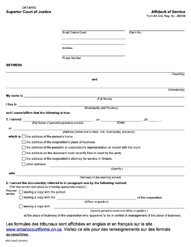 Ontario Affidavit to be sworn and filed after service of documents