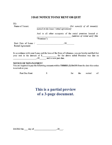Arkansas 3-Day Notice to Pay Rent or Quit