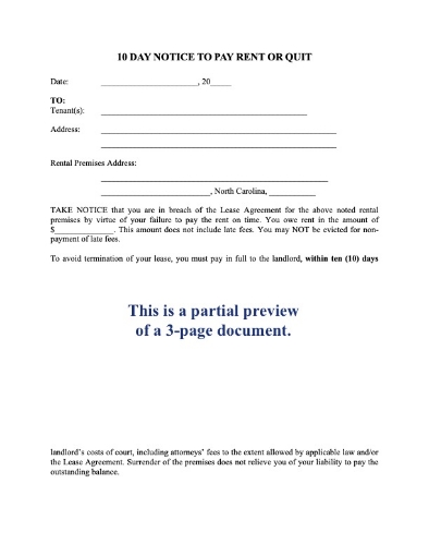 North Carolina 10 Day Notice to Pay or Quit