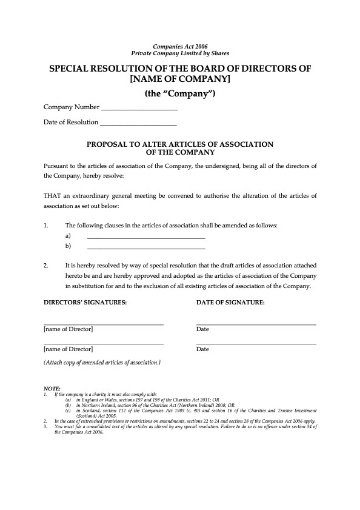 Special resolution to alter the articles of a UK company