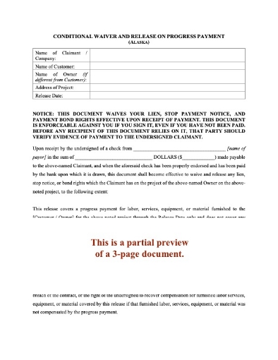 Alaska Conditional Waiver and Release of Lien - Progress Payment