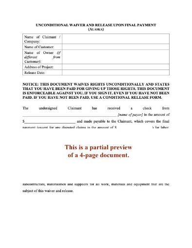 Alaska Unconditional Waiver and Release of Lien - Final Payment