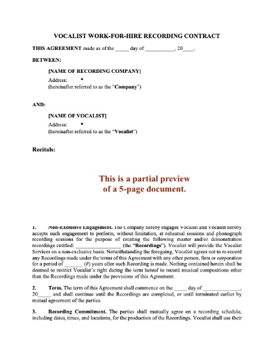 Vocalist Work-for-Hire Recording Contract